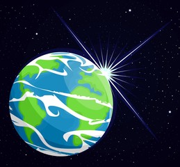 Image of the planet earth. Rays of the sun against the planet earth. Flat style. Cartoon.