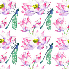 blossoms and flowers of lotus watercolor seamless pattern