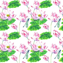 Deurstickers blossoms and flowers of lotus watercolor seamless pattern © Olga Golubev