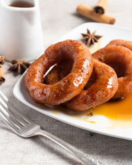 Peruvian classic dessert, picarones with honey