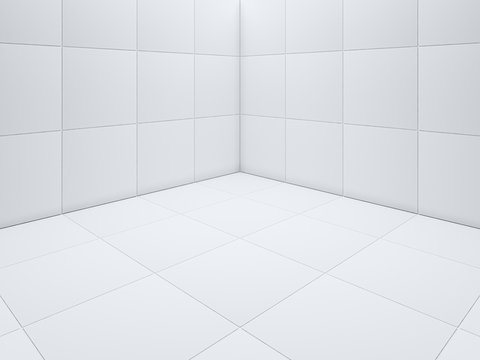 Simple Clean White Tile Floor Corner 3D Rendering - Illustration