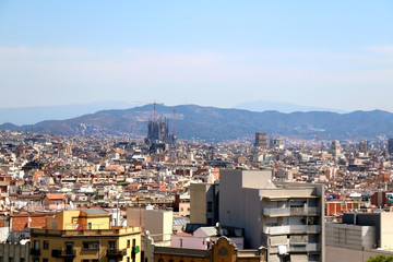 Aerial view of Barcelona, Spain from Montjuïc hill on a sunny day.