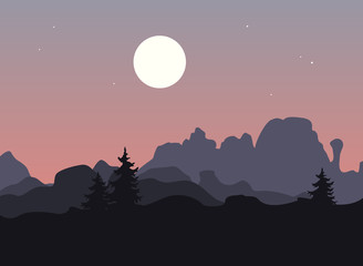 Fototapeta premium Mountain landscape with single trees under a purple night or evening sky with rising moon. Vector