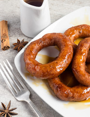 Peruvian classic dessert, picarones with honey