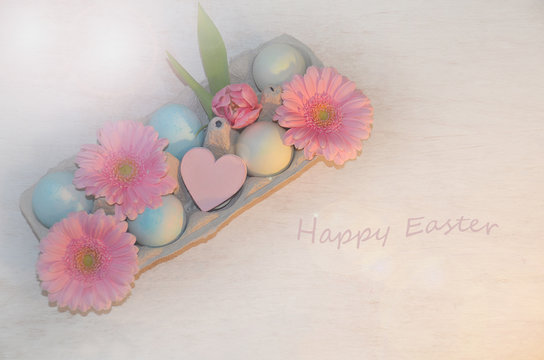 Colorful easter eggs, greeting card with happy easter