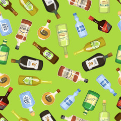 Alcohol seamless background with wine and cocktail bottles and glasses vector illustration. Beverage restaurant drink bar party menu texture graphic textile.