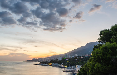 Evening panorama of the coast of Crimea at sunset