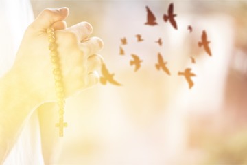 Obraz premium Woman praying and free birds enjoying nature on sunset