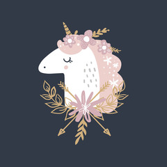 Cute hand drawn girl unicorn pastel nursery art