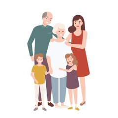 Happy family with grandfather, grandmother, mother, child girl and boy standing together and embracing each other. Funny cartoon characters isolated on white background. Flat vector illustration.