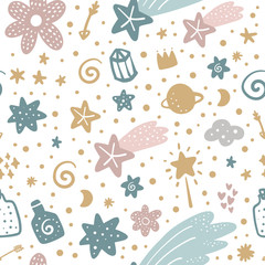 Cute hand drawn girl boho pastel night pattern