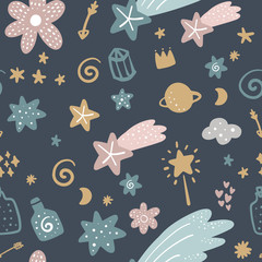 Cute hand drawn girl boho pastel night pattern