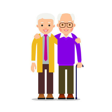 Two men hugging. Male friendship. Friends standing, hugging each other. Elderly man, two best friends. Illustration of people characters isolated on white background in flat style