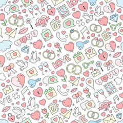 Seamless love background pattern. Vector repeating texture for Valentine's Day - stroked love icons background filling with pastel colors. Vector.