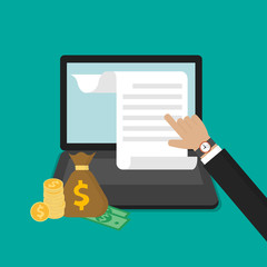 Businessman hands point to computer screen with pay bills tax online receipt. Flat style vector illustration