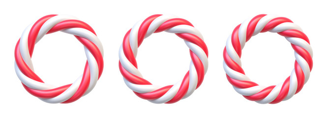 Set of candy cane circle frames. Swirl hard candy round borders with copy space