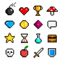 Pixel game icon set, computer and web interface