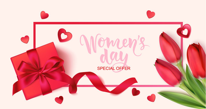 Women's daysale design template. Holiday background with decorative red gift box, spring tulip flowers and heart confetti. Vector illustration