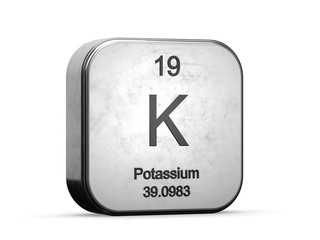 Potassium element from the periodic table. Metallic icon 3D rendered on white background