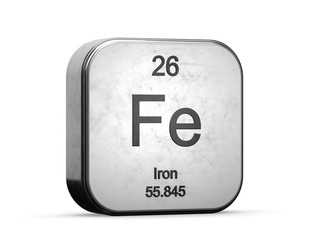 Iron element from the periodic table. Metallic icon 3D rendered on white background