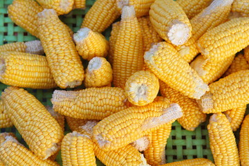 Top view Boil Corn on Bamboo Weave at Fresh market in Thailand