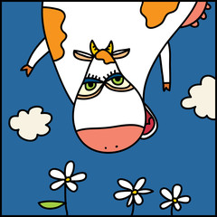 Vector doodle hand drawn cartoon of flying cow