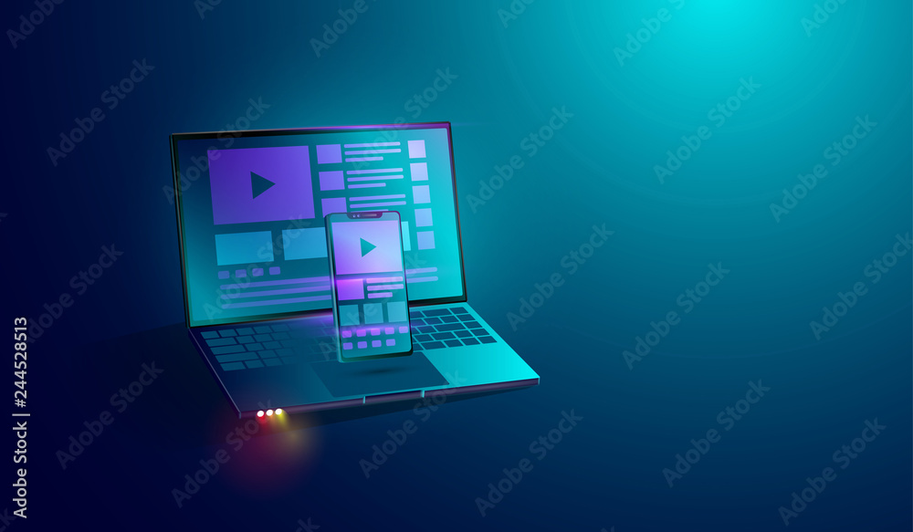 Poster web development on smartphone and laptop' screen concept, application ui - ux development cross plat
