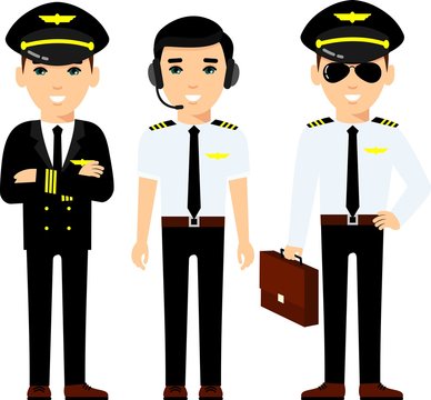 Set of people aviation professions, pilot, captain and airline staff in different poses. Group of flat cute cartoon people of aircraft characters in air uniform.