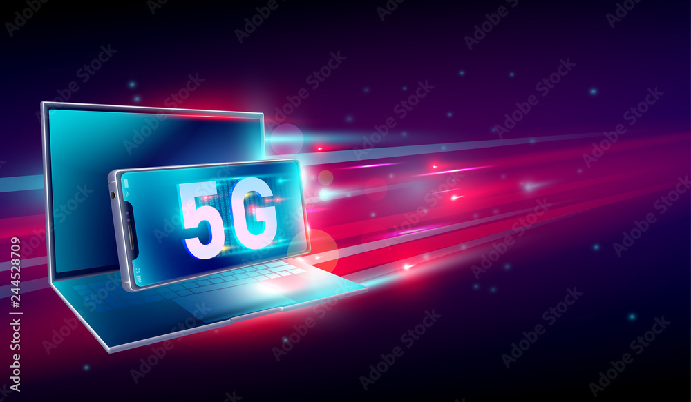 Sticker 5g high speed network communication internet on flying realistic 3d laptop and smartphone with light