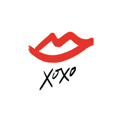 Hand drawn red lips kiss stylish symbol, hugs and kisses text