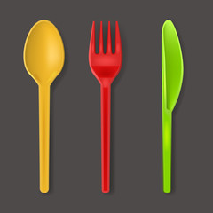 Realistic Detailed 3d Color Plastic Cutlery Set. Vector
