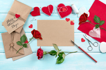 Workspace with tools for handmade and sewing felt hearts for Valentine's Day. Master class.