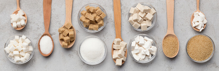 Fototapeta Collection of different kinds of sugar on gray background obraz
