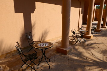 Some coffee chairs and tables in the historic part of Diriyah in Saudi Arabia