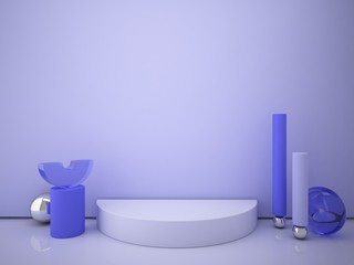 3d rendering blue podium minimal wall stage. Scene with a podium and silver and blue decorative details. Geometrical forms. blue winter background scene. Trendy platform to show a product.