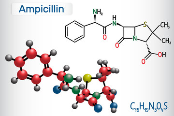 Ampicillin drug molecule. It is beta-lactam antibiotic. Structural chemical formula and molecule model