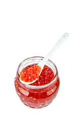 Red caviar in a glass container. Isolated object on white background.