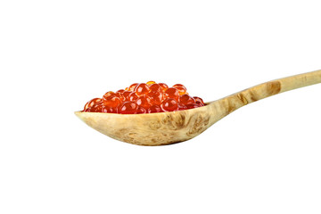 Red caviar in a wooden spoon. Isolated object on white background. Close up. Close up.