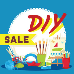 Art supplies vector studying in art-school with artist tools watercolor paint brushes palette for color paints artwork in stationery store backdrop illustration artistic painting background