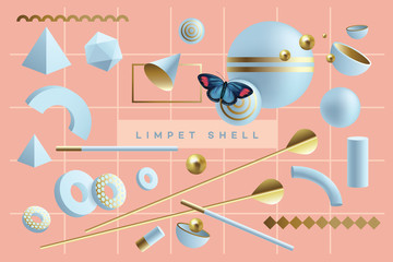 Fun composition of 3d geometric objects in blue and golden color combination isolated on living coral background