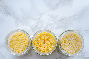 Variety of types and shapes of Italian pasta