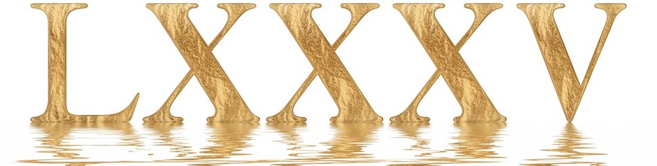 Roman numeral LXXXV, quinque et octoginta, 85, eighty five, reflected on the water surface, isolated on  white, 3d render