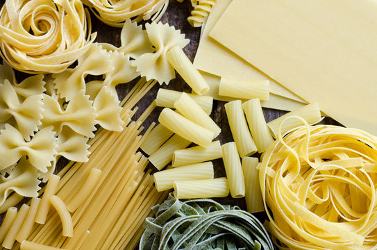 Variety of types and shapes of Italian pasta
