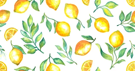 Behang Aquarel fruit Aquarel fruit citroen en groene bladeren naadloze patroon achtergrond