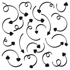 Hand drawn love arrows with hearts on the arrow flat style design vector illustration set isolated on white background.