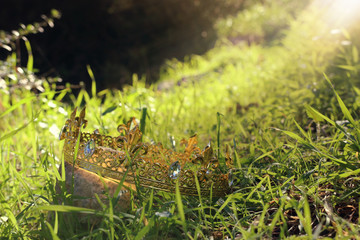 mysterious and magical photo of king crown over the stone in the England woods or field landscape with light flare. Medieval period concept.
