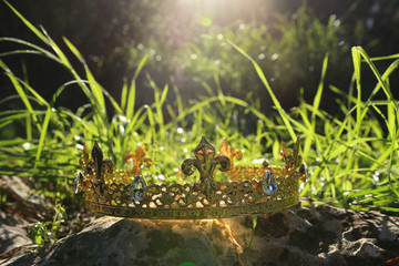 mysterious and magical photo of king crown over the stone in the England woods or field landscape with light flare. Medieval period concept.