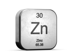 Zinc element from the periodic table series. Metallic icon set 3D rendered on white background