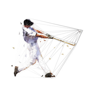 Baseball player hits ball, low polygonal batter, isolated geometric vector illustration. Team sport athlete