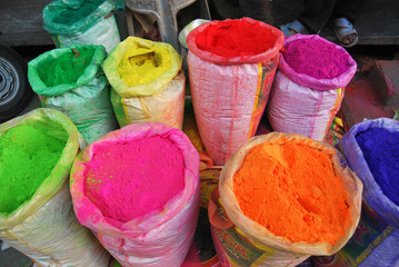 Indian market . Vibrant colored dyes in India . Holi colors. 